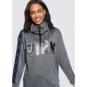 NEW! Victoria's Secret PINK Sequin Bling Cowl Neck Rainbow Sweatshirt Gray XS